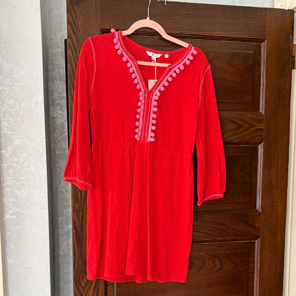 Boden Red-Orange Swim Coverup with Pink Pom-Pom Trim